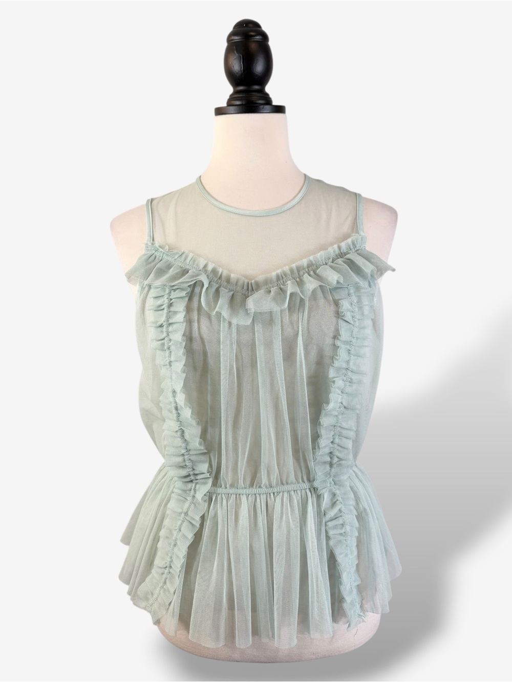 H&M Mint Green Sheer Peplum Blouse Size 2 Sleeveless Ruffle Romantic Mesh Casual